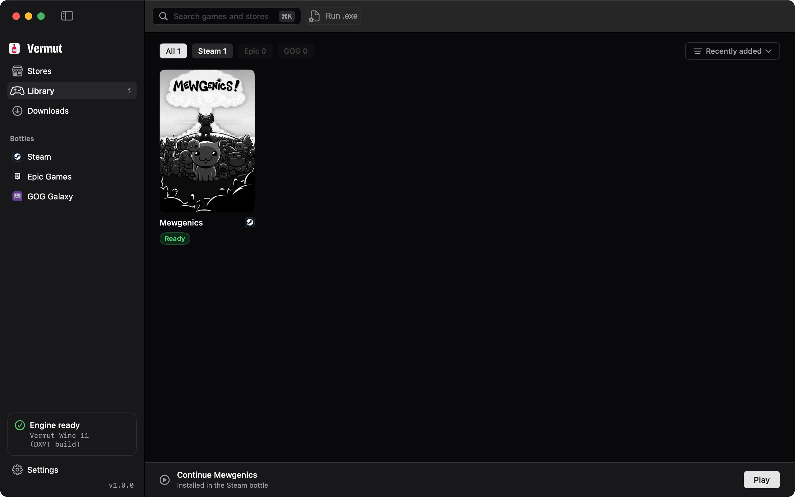 Vermut's Library: a Steam game marked Ready, with a Play button. The sidebar lists Stores, Library, Downloads and one bottle each for Steam, Epic Games and GOG Galaxy.